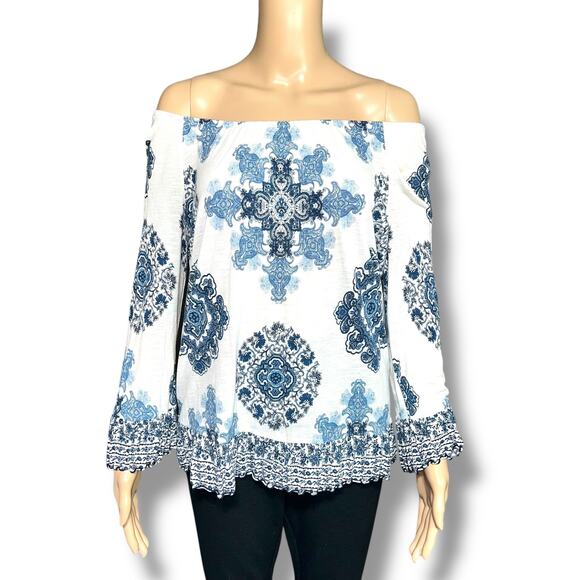INC International Concepts Womens Blouse Top Shirt Floral Geo Print Blue White - Picture 1 of 8